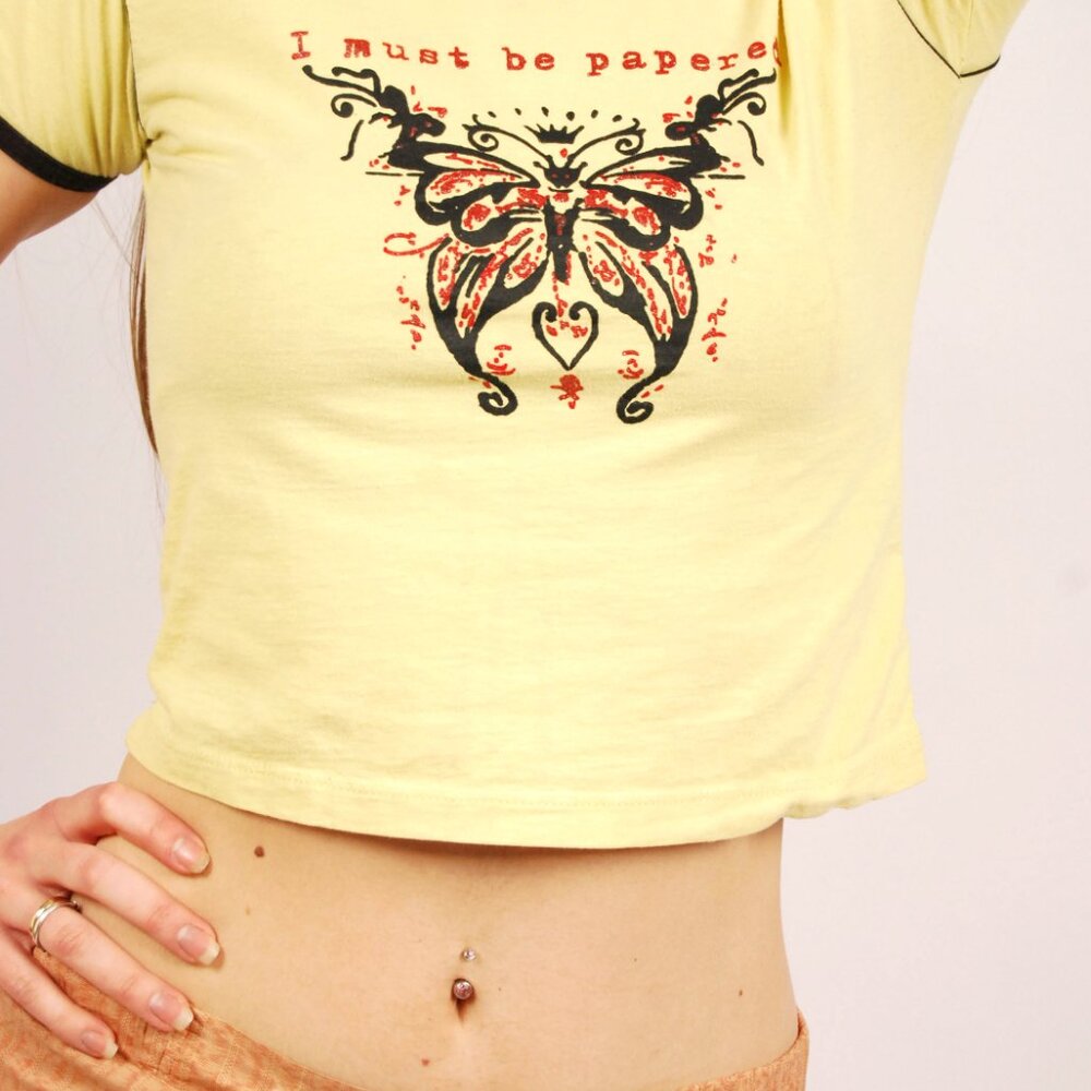 Y2K Butterfly Crop T-Shirt (M) medium vintage womens sparkly graphic preppy cute - Picture 5 of 9